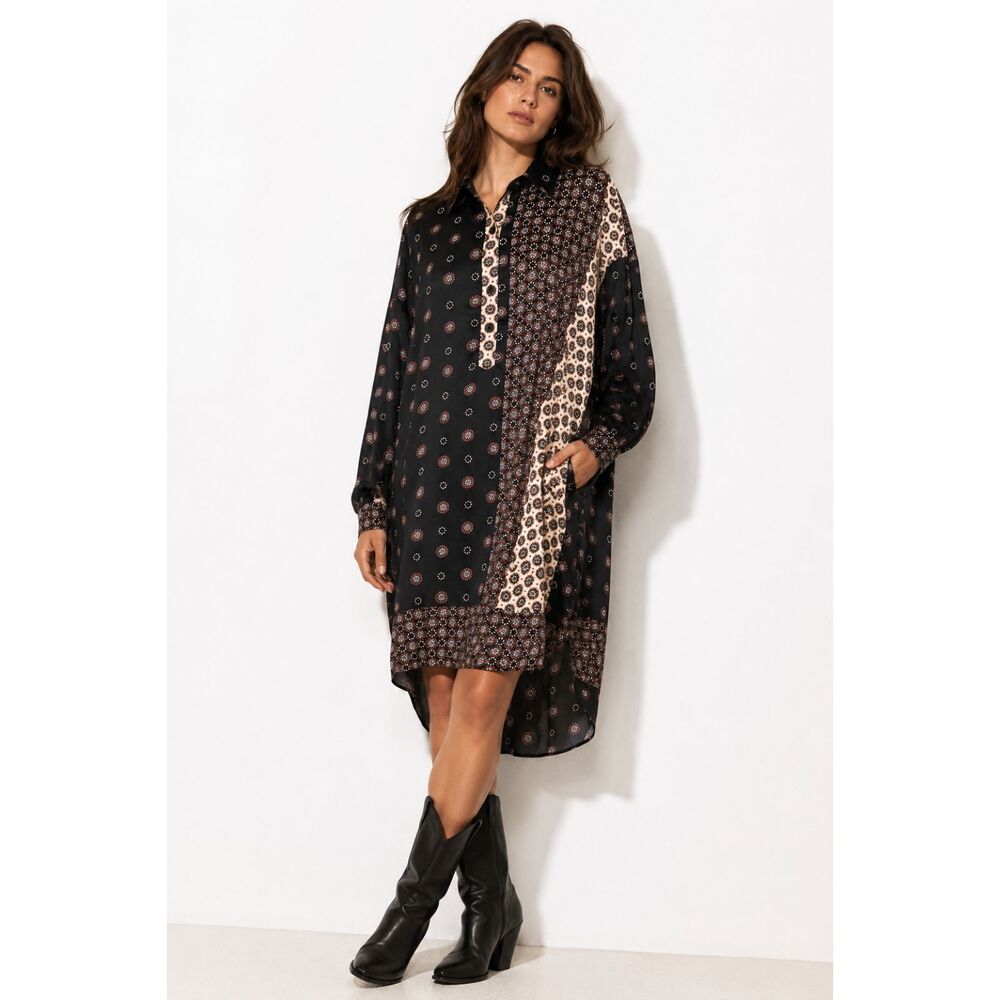 Zara Patchwork Print Oversized Shirt Dress L Black Pink Scarf Tunic Asymmetric - Picture 2 of 10